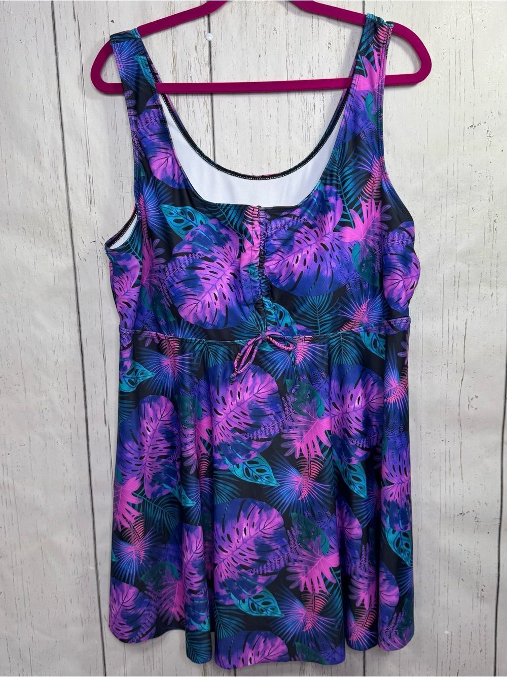 Tropical Neon Leaf Swim Dress Plus Size 5XL Ruched Swimwear Cover Up Beach Pool